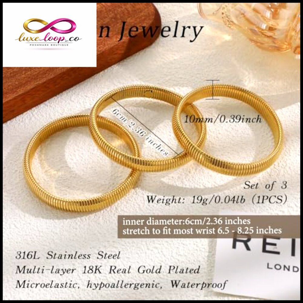 Chunky Gold Bangle Bracelet Set Stackable Stretch… - image 2